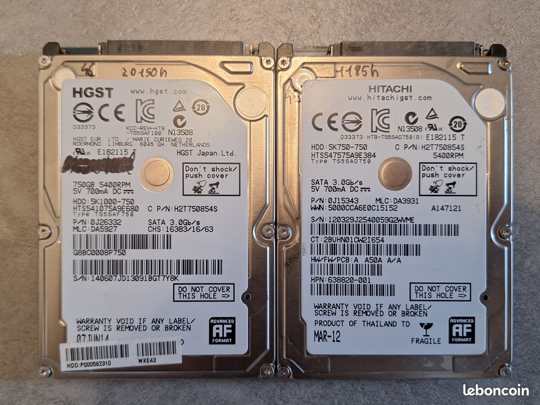 Lot De 2 Disques Durs Internes SATA 2.5″ 750 Go – Pour Ordinateur Portable – Occasion