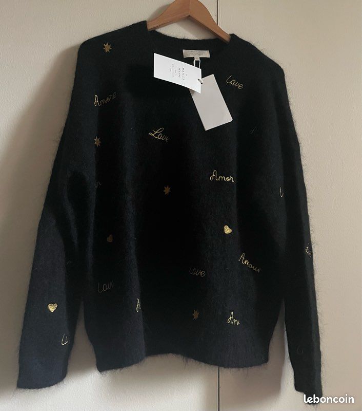Pull LK Bennett Noir Laine & Soie - Bordure Diamant - Taille S - Occasion Très Bon état