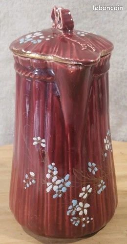 Ancien Rare Cafetière Rouge A Couvercle Barbotine Fleurs Émaillée KG LUNÉVILLE (image 4)