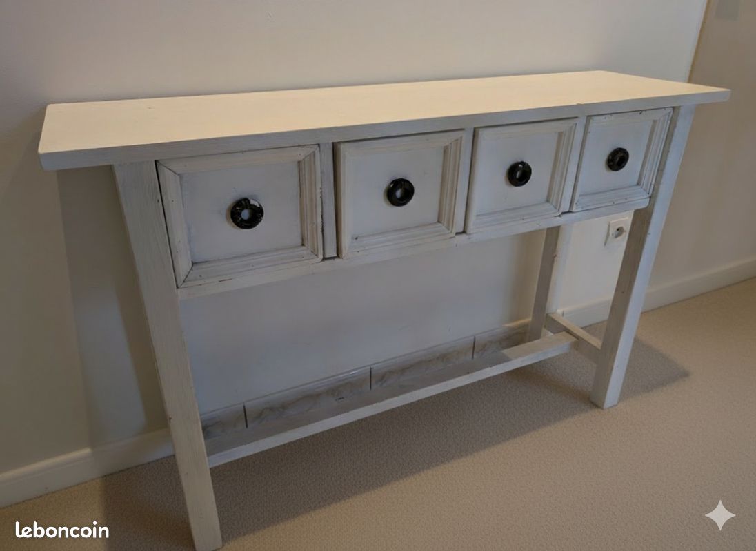 Console d'entrée vintage blanche – 4 tiroirs – Style Maison de Campagne (image 1)
