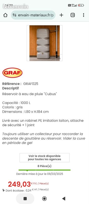 Réservoir CUBUS 1000L Gris Béton L.80 x P.80 x H.184cm (image 1)