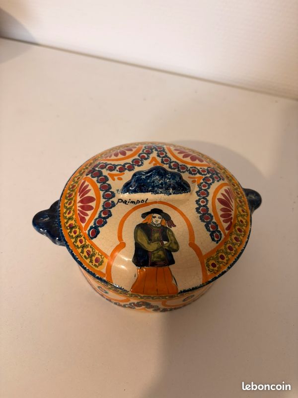 Ancien Bonbonnière Faïence Henriot Quimper Décor Orange Femme Fleurs (image 3)