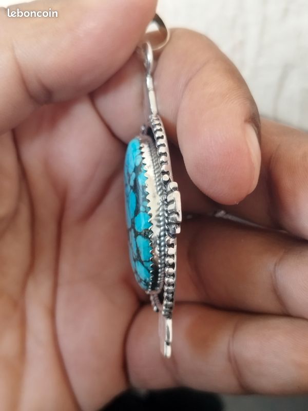 Pendentif Ancien En Argent Massif 925 - Turquoise Naturelle Et Marcassite - Bijou Vintage