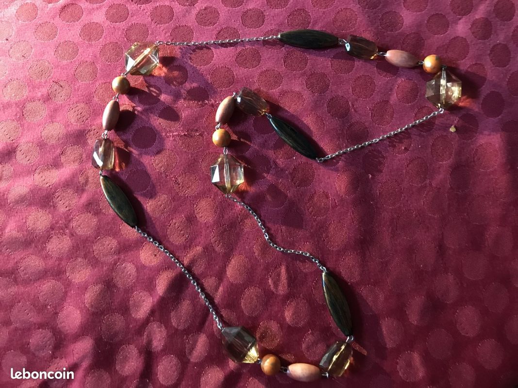 Collier chaine argentée + perles marrons et orange (image 3)