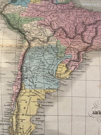 Carte Géographique Ancienne Amérique Du Sud 1850 - Gravure Dufour Originale, Cadre 46x33 Cm