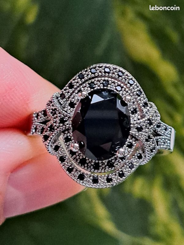 Bague En Argent Massif Avec Zirconium Et Pierre Noire - Taille 52 - Occasion - Style Ring Silver