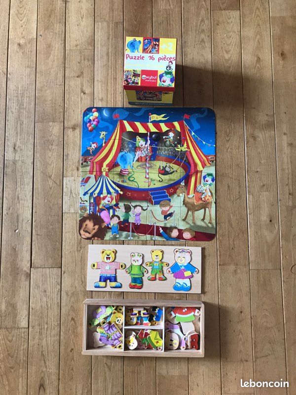 Jeu en bois personnages ours + puzzle cirque Oxybul a partir 2 ans (image 1)