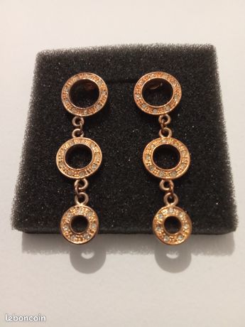 Boucles D'oreilles Femme Anneaux Pendantes Strass - Doré Argenté, U400 (neuf)