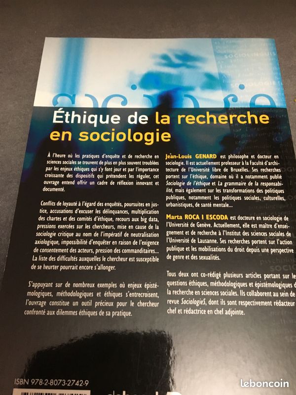 Livre éthique de la recherche en sociologie licence master doctorat (je peux me déplacer) (image 2)
