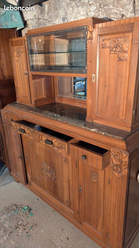 Buffet deux-corps Art Déco (Années 30) - Bois, Marbre & Vitrine (image 2)
