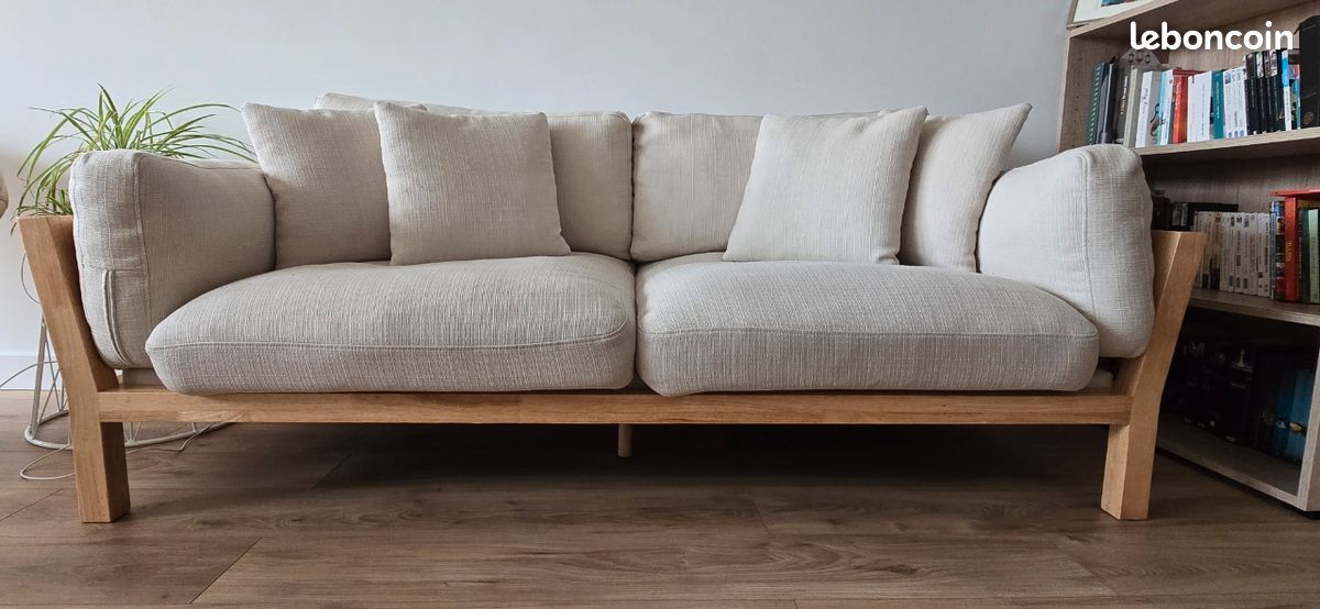 Canapé scandinave déhoussable 3 places en tissu blanc crème et bois clair KYO (image 8)