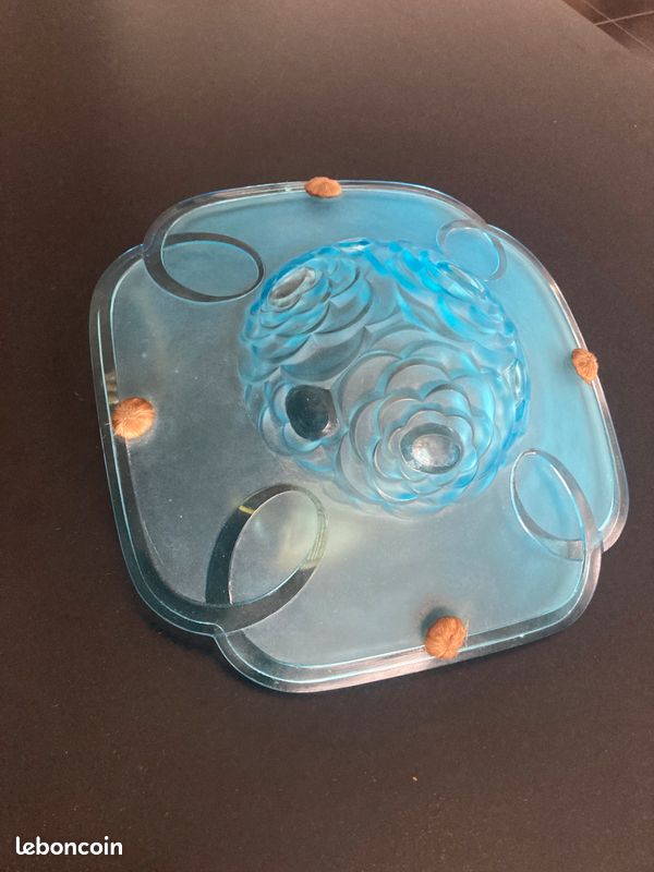 Vends luminaire ancien lustre art déco en verre dépoli bleu signé Degué (image 4)