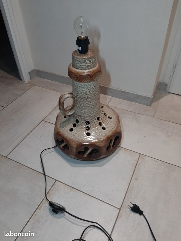 Lampe De Sol Vintage Années 70 – Pied En Céramique Marron, Lampadaire Pour Salon, Occasion