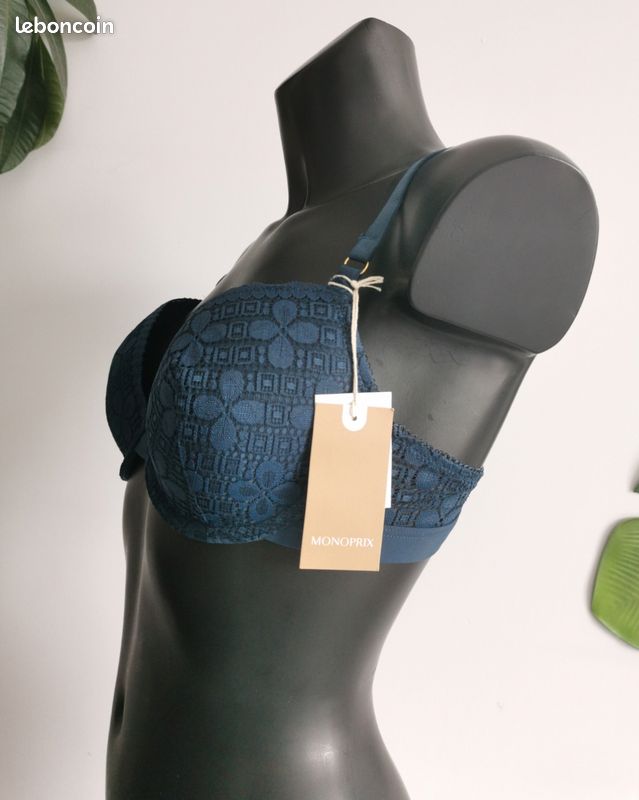 Soutien gorge corbeille paddé bleu nuit en dentelle Monoprix 95C (image 3)