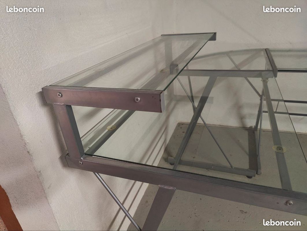 Bureau d'angle pieds fer avec plateau verre et tablette (image 3)