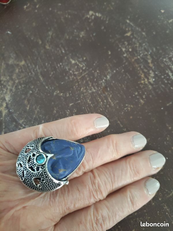 Bague visage lapis lazuli casque surmonté pierre topaze bleue sur argent 925 taille 57 (image 1)