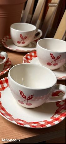 Tasse à Café + Soucoupe Le Comptoir De Famille - Faience Damier Rouge, Vintage 2001
