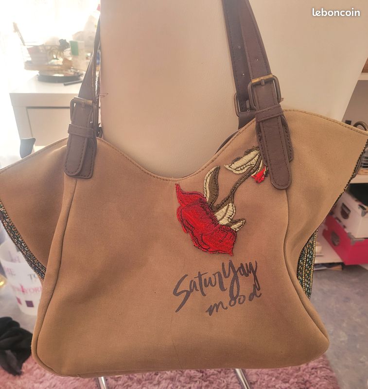 Sac Bandoulière Desigual Kaki à Motif Floral - Taille Moyen, Matière Coton - Occasion