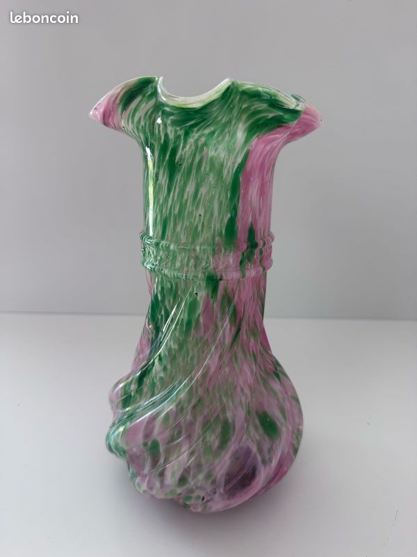 Grand Vase Torsadé en Verre de Murano - Rose et Vert Moucheté - Vintage 1950 (image 1)