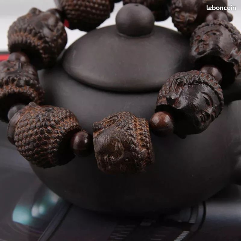 Bracelet En Bois Sculpté Tête De Bouddha Avec Grosses Perles - Style Bohème - Unisexe