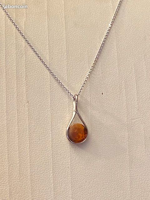 Neuf : Parure collier pendentif + boucle d'oreilles Argent 925/1000 + Ambre (PAR5) (image 4)