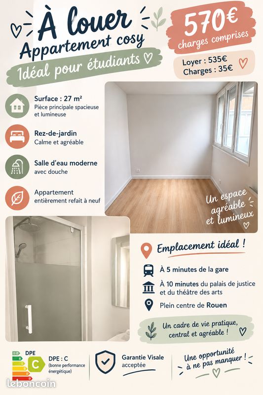 Appartement 2 pièces 27 m² · à Rouen · 27 m² · 570 €/mois