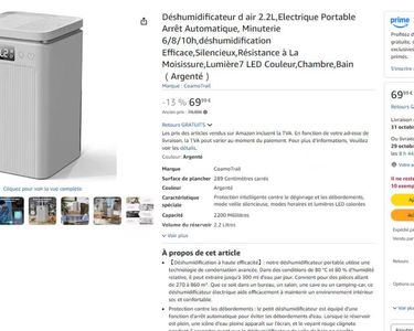 Gocheer Déshumidificateur D'air Portable 2L - Extra Silencieux, Lumière
