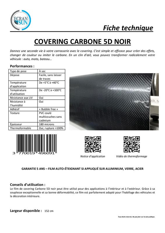 Vinyle covering adhésif carbone noir 5 D - Équipement auto