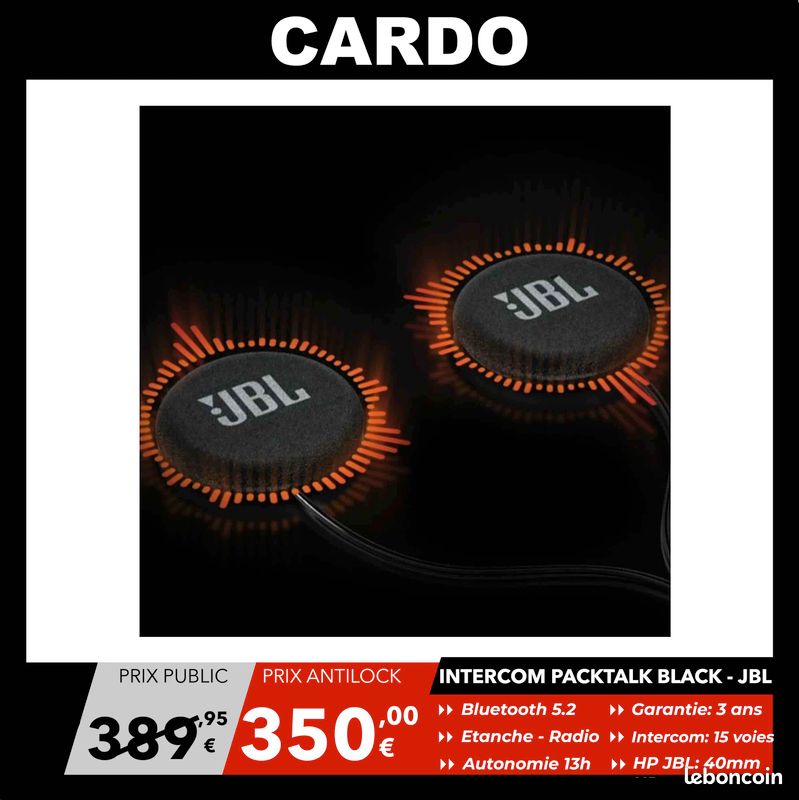 Kit bluetooth intercom Cardo Packtalk black JBL – Solo – Garantie