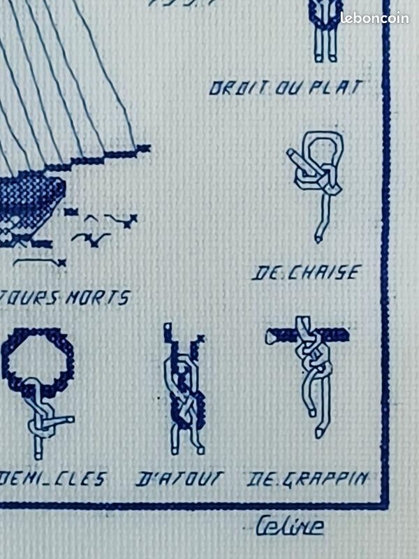 Tableau - Broderie Main sur toile Aïda - Point de croix -Sous verre - 28cm X 29cm – Noeuds marins – Vintage (image 3)