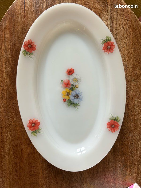 20⚜️ Ancien Plat Ovale Arcopal France Décor Fruit en Verre Opale Vintage