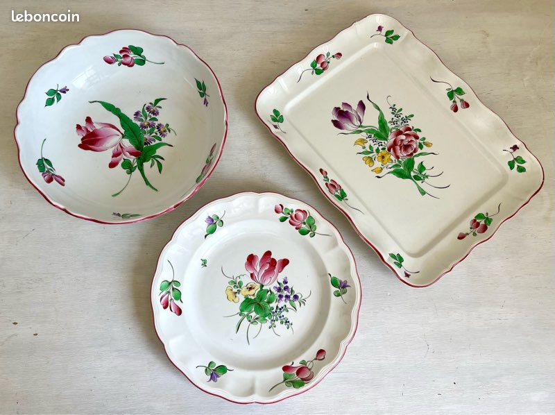Saladier en faïence ancien/grand plat de service/corbeille à fruits, estampillé KG en porcelaine de LUNEVILLE France, au joli décor floral, modèle Réverbère, vintage et tendance (image 2)