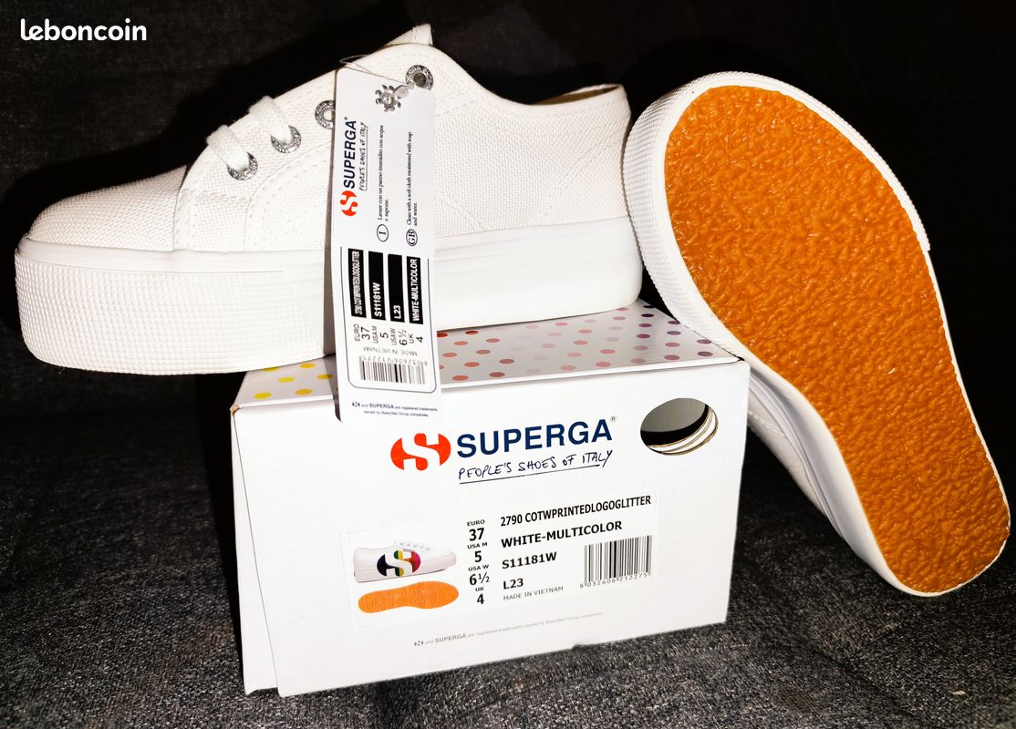Chaussures baskets Superga plateforme blanches logo multicolore pailleté - neuves - 37 (image 2)