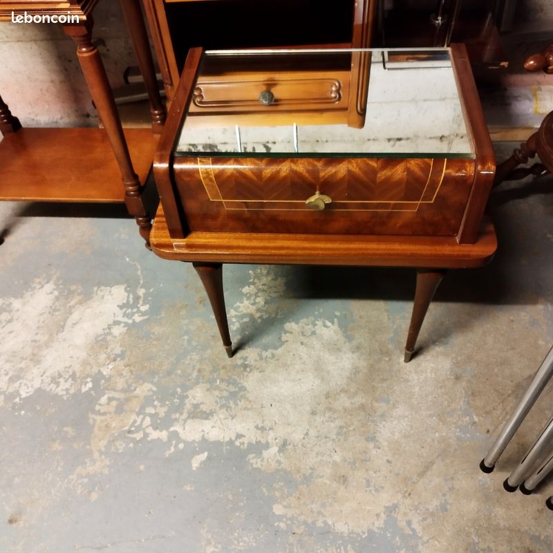 Magnifique chevet ou bout de canapé année 60 en bois de rose et marqueterie,4 pieds compas (image 12)