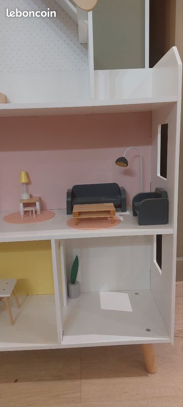 Maison de poupée bois blanche toit bleu pastel ️ Petite Amélie