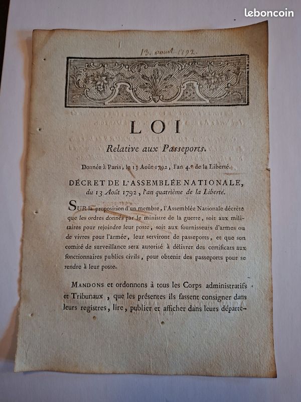 Document D'époque Révolution Française – Décret De L'Assemblée Nationale 12 Septembre 1791 (Digne)