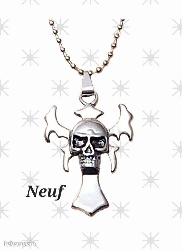 Chaîne et pendentif croix tête de mort acier inoxydable Neuf mixte (image 1)
