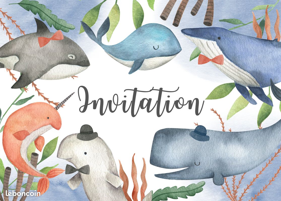 Lot de 8 cartes d'invitation anniversaire enfant - animaux de la mer aquarelle (image 2)