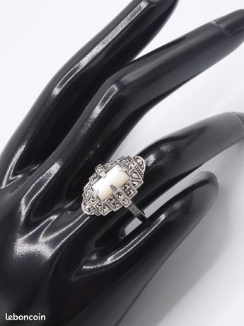 Bague Art Déco Ancienne En Argent Massif Avec Marcassites Et Nacre - Taille 54