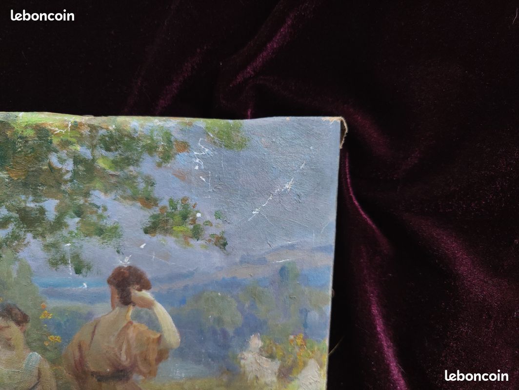 Petit Tableau Ancien Peinture Huile HST Ecole de Barbizon Paysage Campagne Scene de Genre Elegante Art Nouveau Belle Epoque Annee Folle Esquisse Pochade Chevre Chien Animal Animaux XIX 19 XX 20 (image 5)