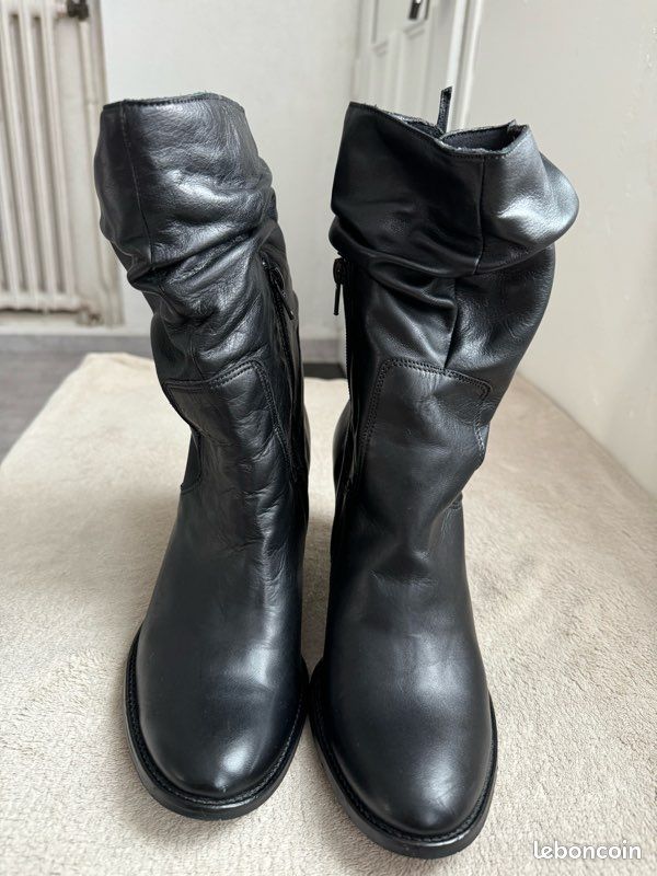 Cuir Noir Bottes Mi Hauteur Bottes Cuir Mi-hauteur Chaussures