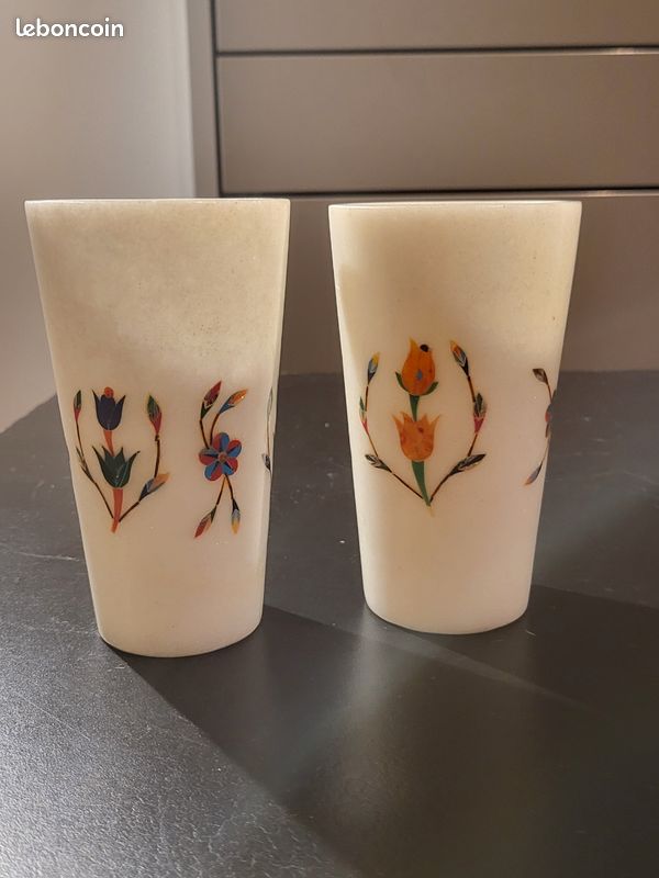 Service Verres en Marbre Blanc Taj Mahal (Inde) - Incrustations Pietra Dura (image 1)