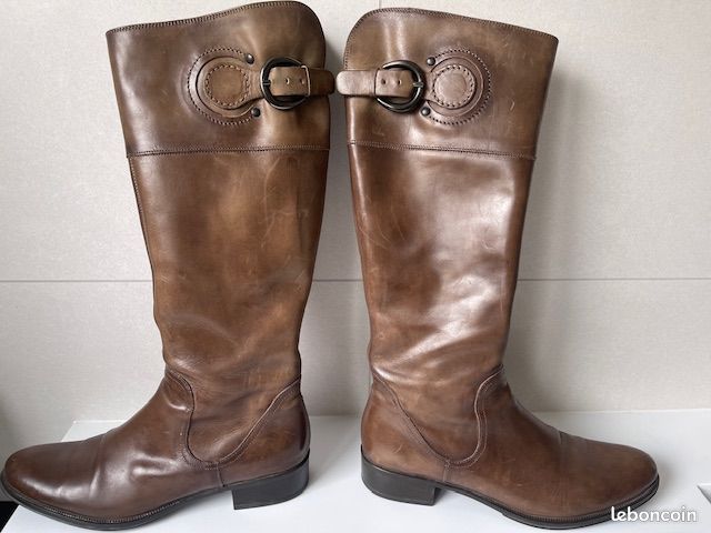 Bottes Mi-mollet Vintage Tout Cuir Embossé Tricolore - Taille 37.5, Talon 5 Cm, TBE