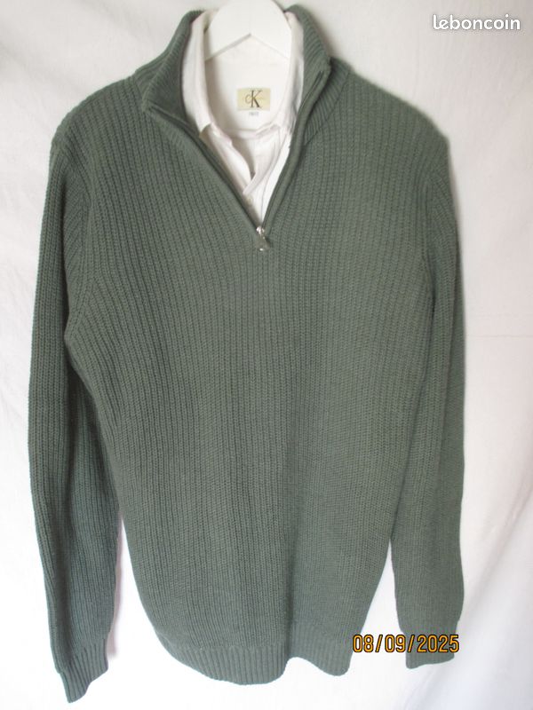 Pull Homme Col Zippé Vert Amande T.40/L neuf avec étiquette (image 2)