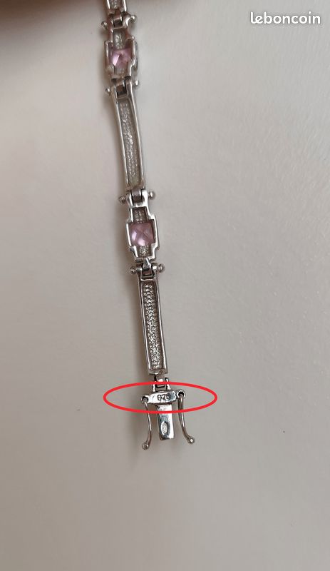 Bracelet en argent massif poinçonné 925 et zirconiums roses (image 4)