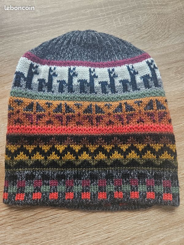 Bonnet Péruvien Réversible En Laine D'alpaga Gris & Multicolore