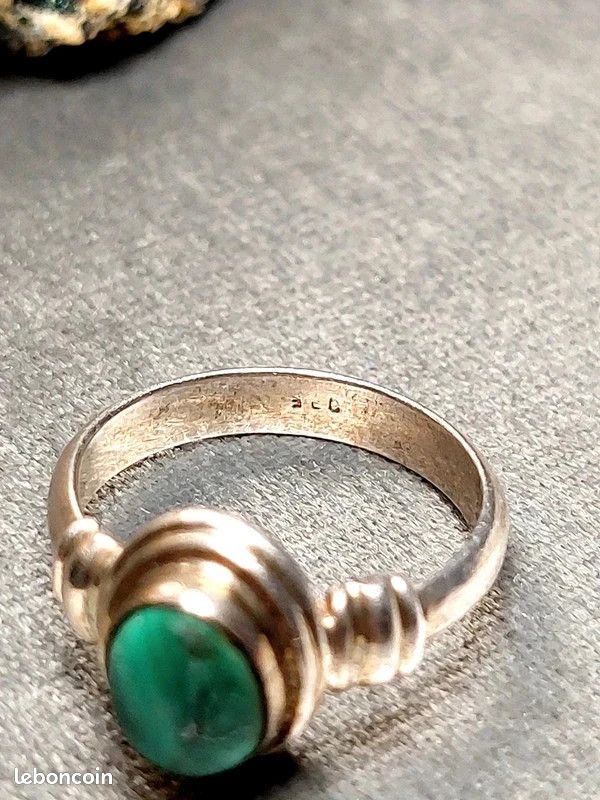 Bague Vintage Argent 925 Avec Malachite - Taille 50 - Occasion