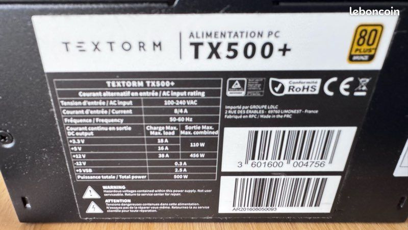Alimentation PC TX TX-500 500W 80 Plus Bronze - Non Modulaire - Bon état