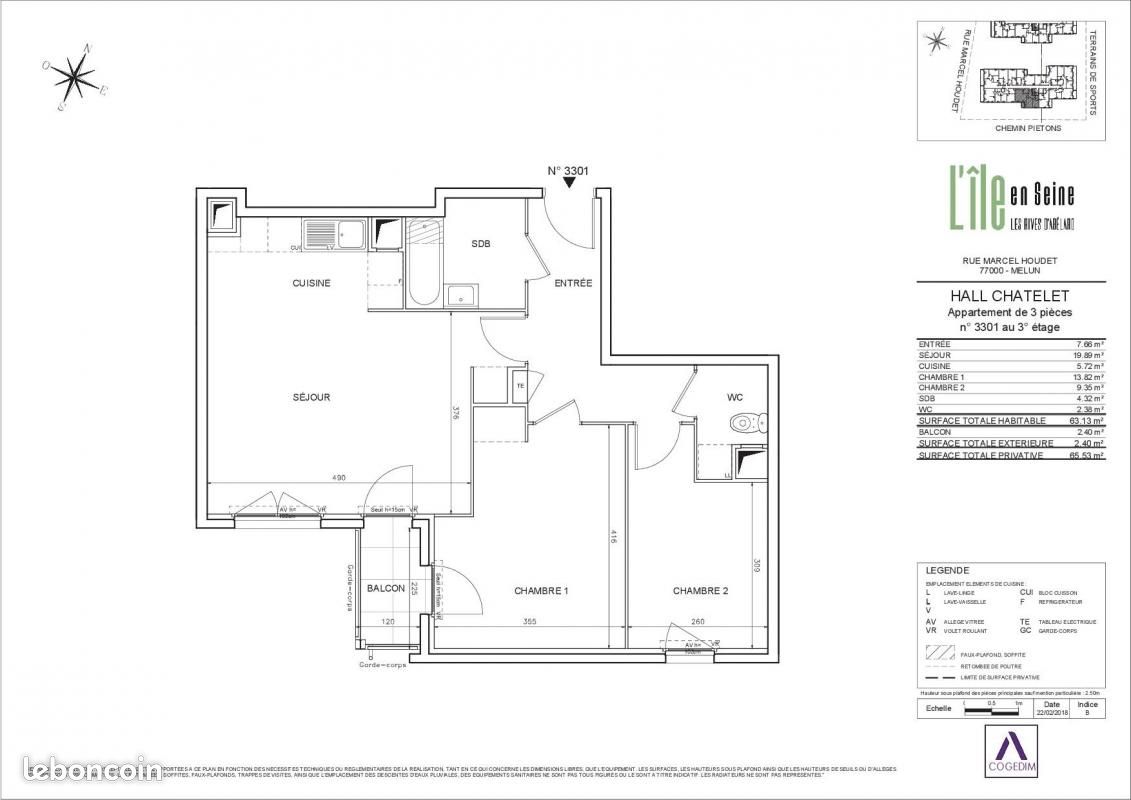 Appartement a louer  - 3 pièce(s) - 63 m2 - Surfyn