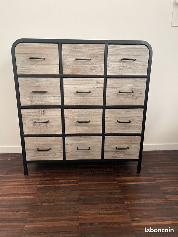 Belle Commode industrielle métal + bois 12 tiroirs – style atelier (image 1)